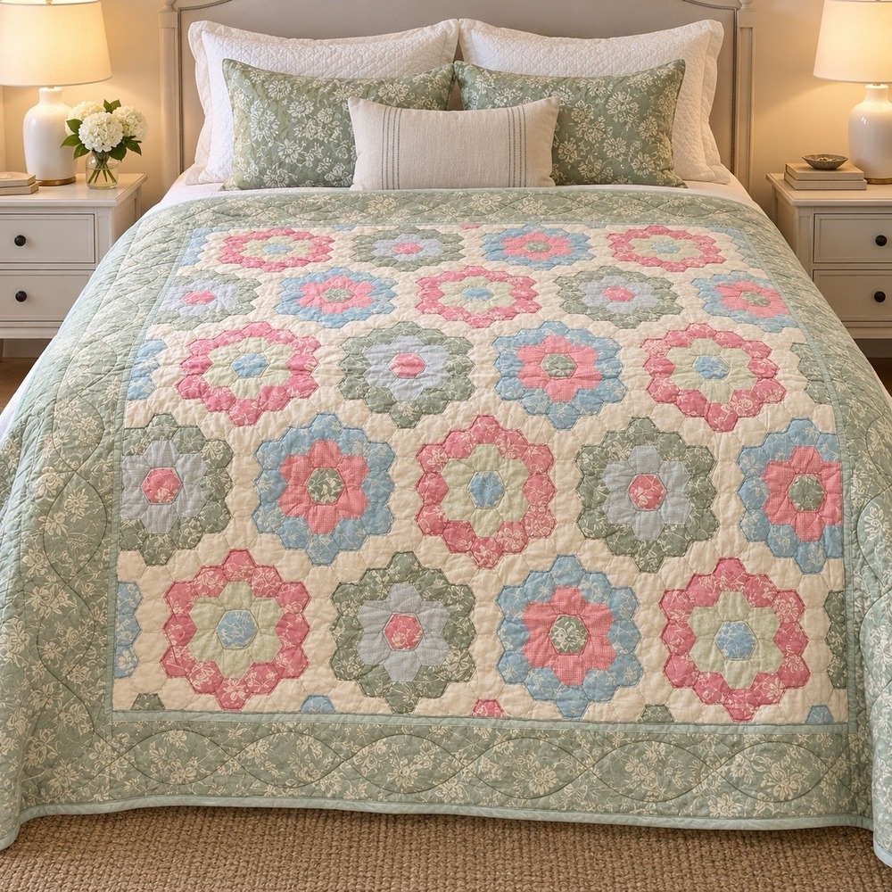 Vintage Patchwork Quilt 86X86" Pastel Green Pink Cottagecore Shabby Chic